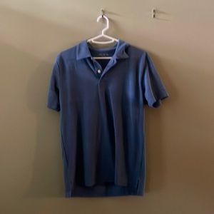 Blue polo style shirt.